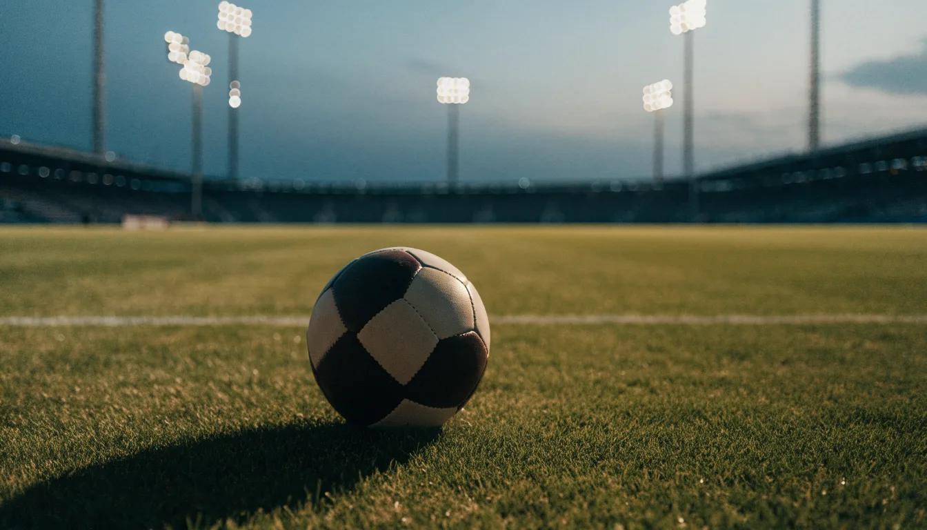 Ein Fußball liegt auf dem Rasen eines leeren Platzes, im Hintergrund ein Stadion unter Flutlicht in der Abenddämmerung.