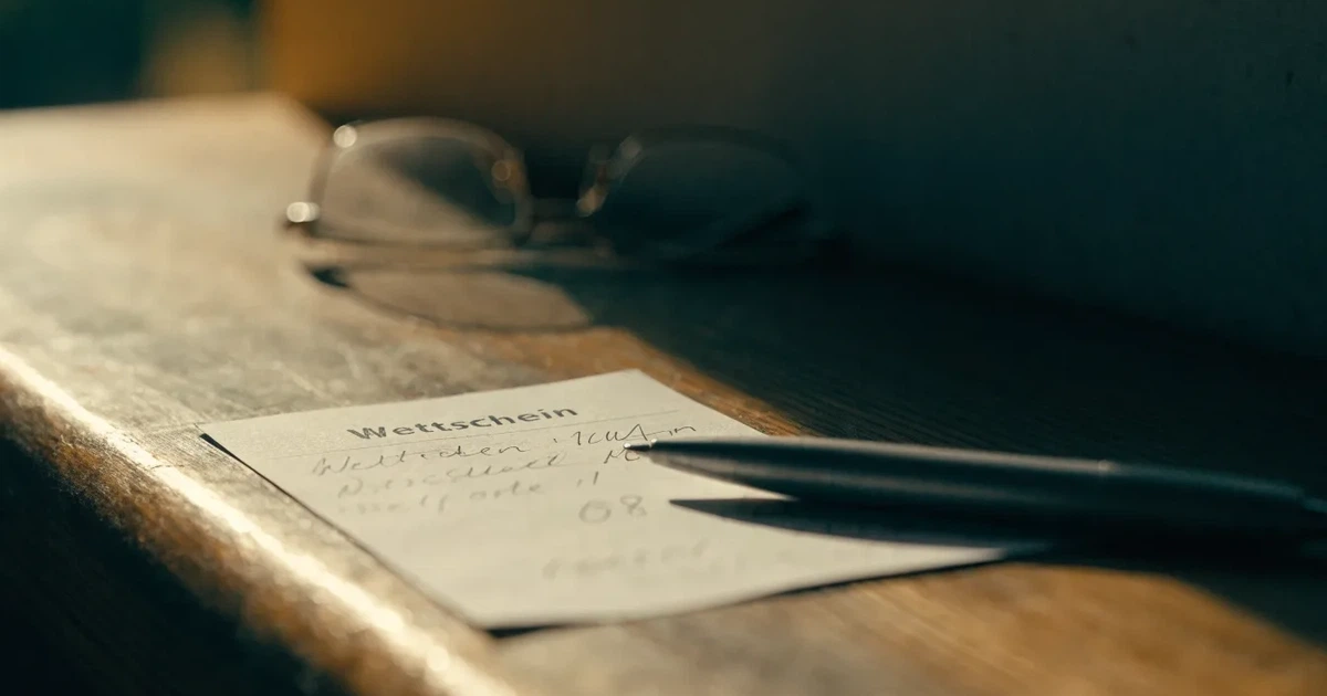 Ein leerer Wettschein aus Papier liegt neben einem Stift auf einer hölzernen Theke, weiches Licht fällt von der Seite ein.