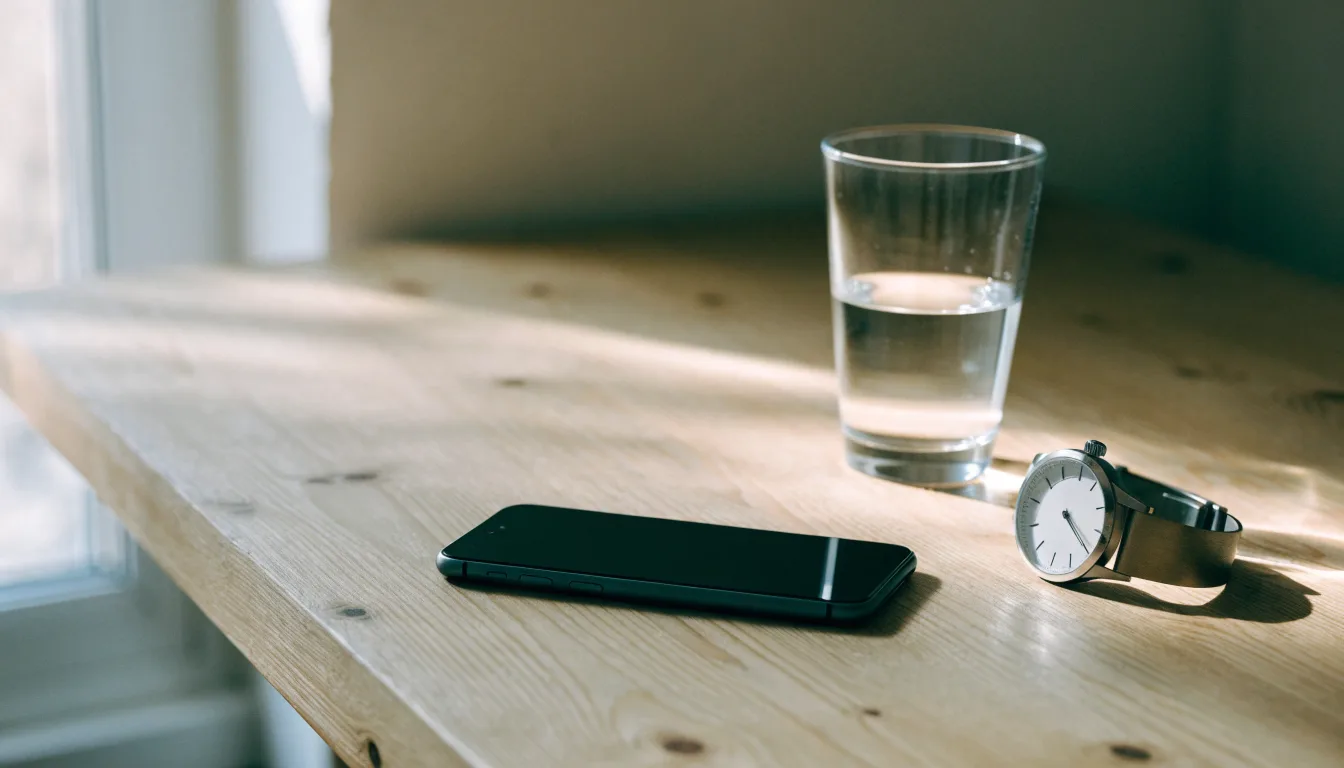 Ein Smartphone liegt mit dem Display nach unten auf einem Küchentisch, daneben stehen ein Glas Wasser und eine Armbanduhr.