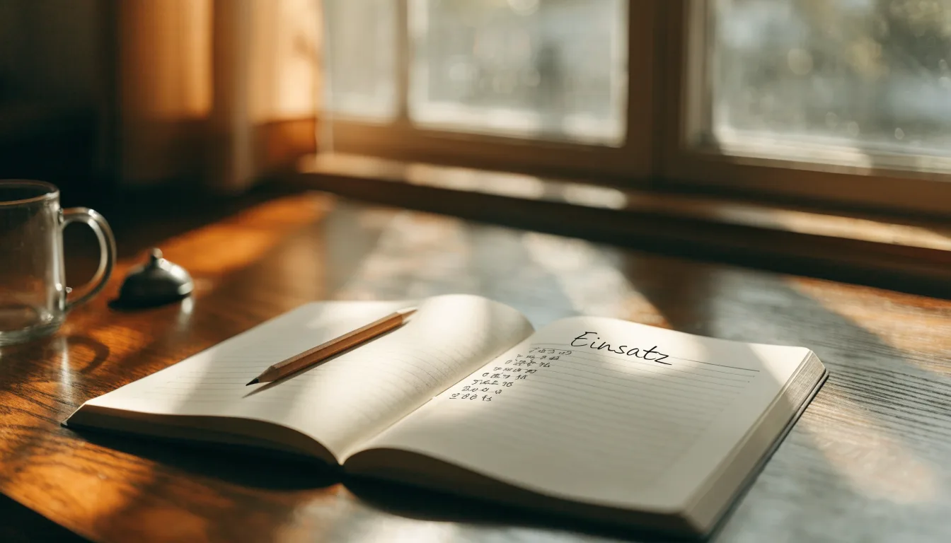 Ein Notizbuch mit handschriftlichen Notizen und ein Bleistift liegen auf einem Schreibtisch am Fenster, draußen fällt Morgenlicht herein.