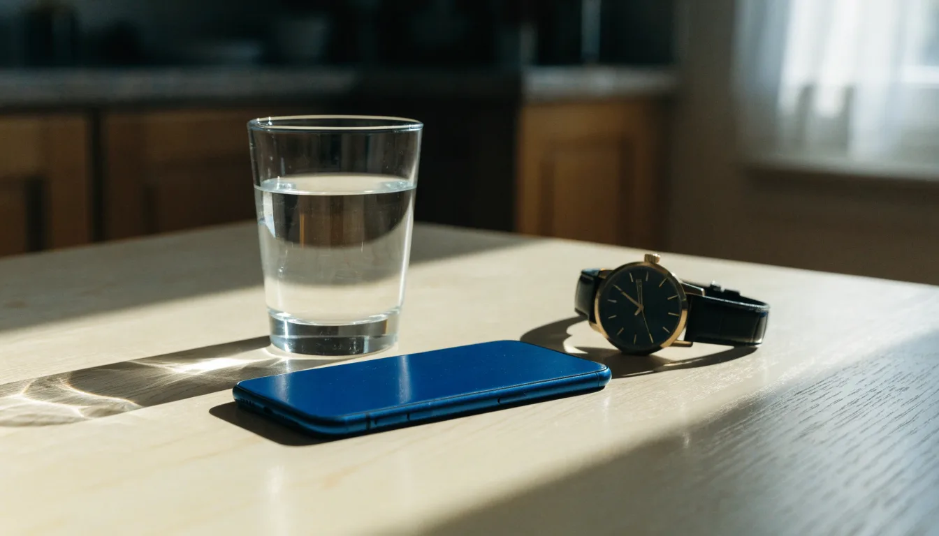 Ein Smartphone liegt mit dem Display nach unten auf einem Küchentisch, daneben stehen ein Glas Wasser und eine Armbanduhr.