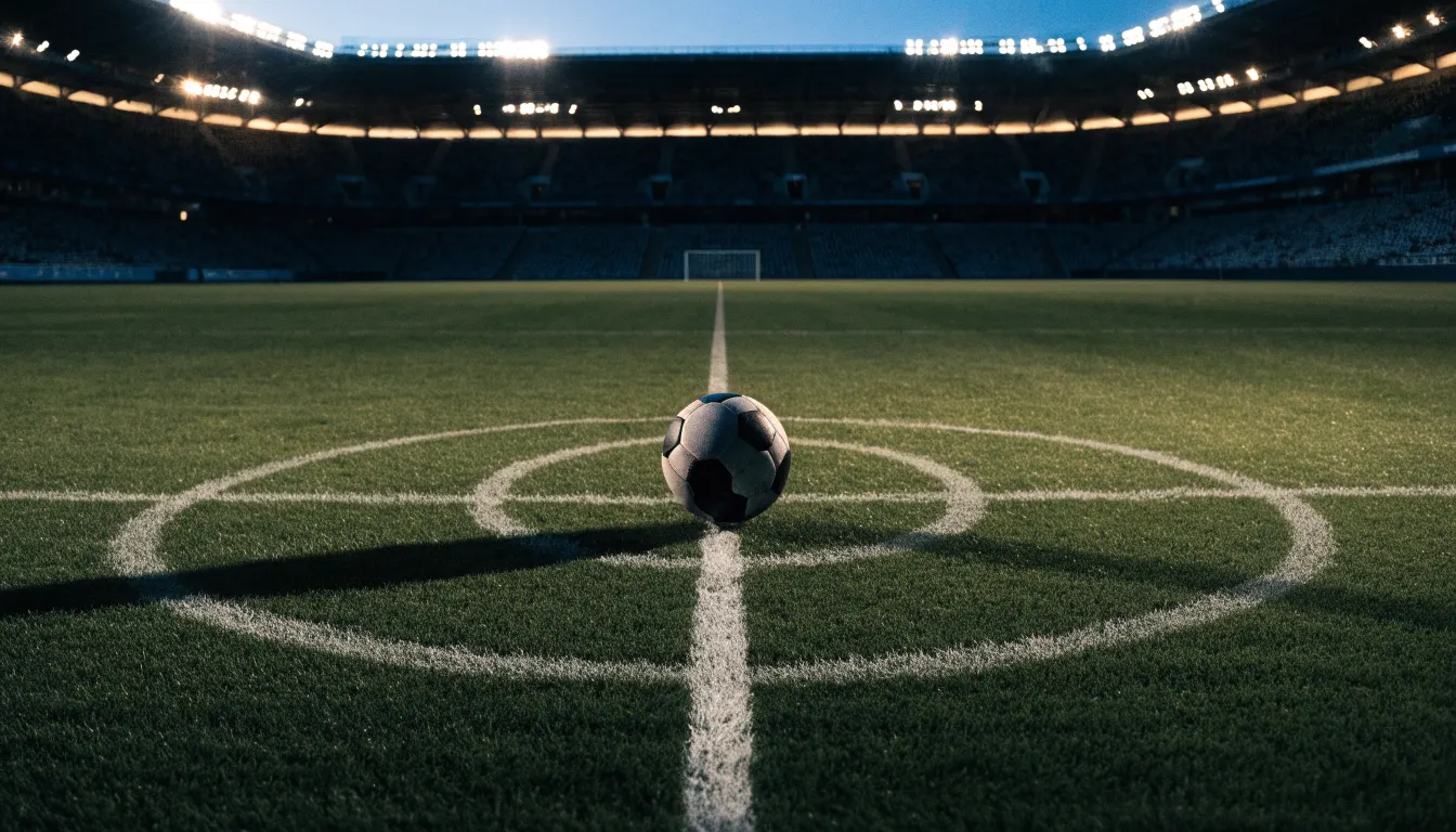 Ein Fußball liegt auf dem Anstoßpunkt eines leeren Rasenplatzes, im Hintergrund steht ein Stadion unter Flutlicht in der Dämmerung.