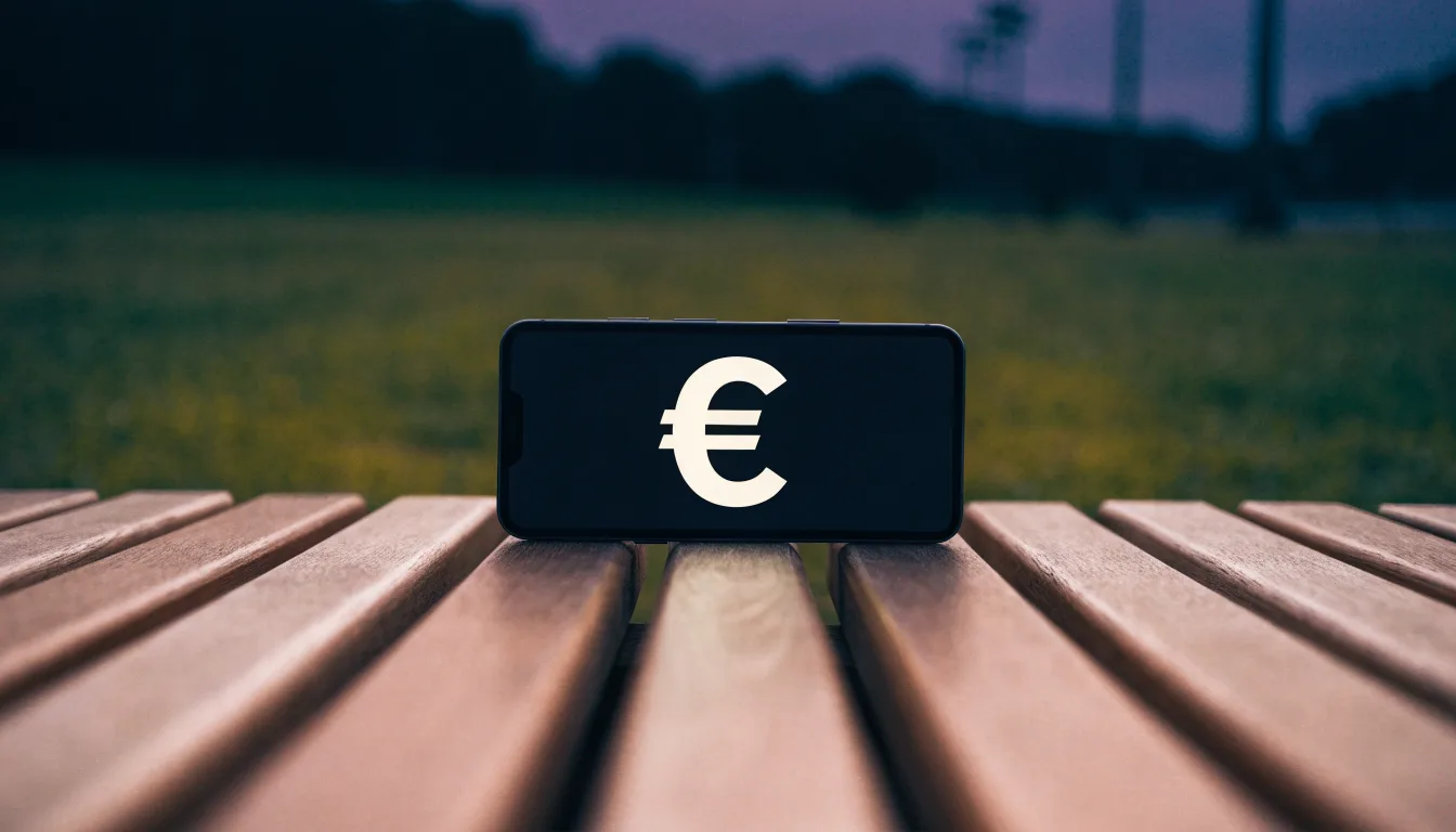 Eine leere Parkbank am Rand eines Fußballfelds in der Abenddämmerung, im Hintergrund ragen dunkle Flutlichtmasten in den Himmel.