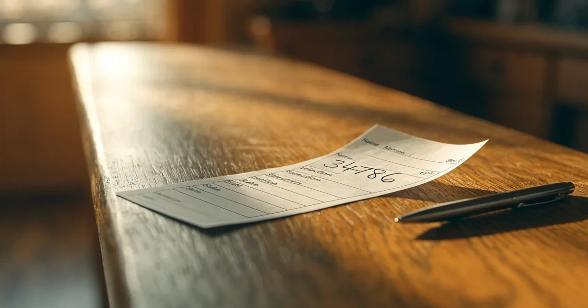 Ein leerer Wettschein aus Papier liegt neben einem Stift auf einer hölzernen Theke, weiches Licht fällt von der Seite ein.