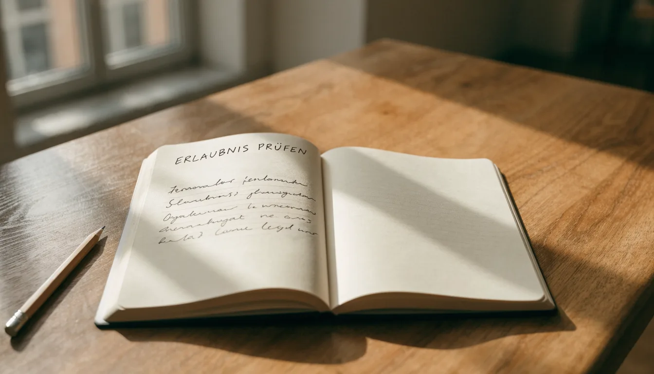 Ein Notizbuch mit handschriftlichen Notizen und ein Bleistift liegen auf einem Schreibtisch am Fenster, draußen fällt Morgenlicht herein.