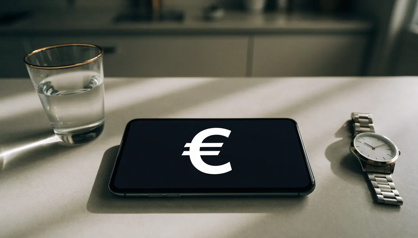 Ein Smartphone liegt mit dem Display nach unten auf einem Küchentisch, daneben stehen ein Glas Wasser und eine Armbanduhr.
