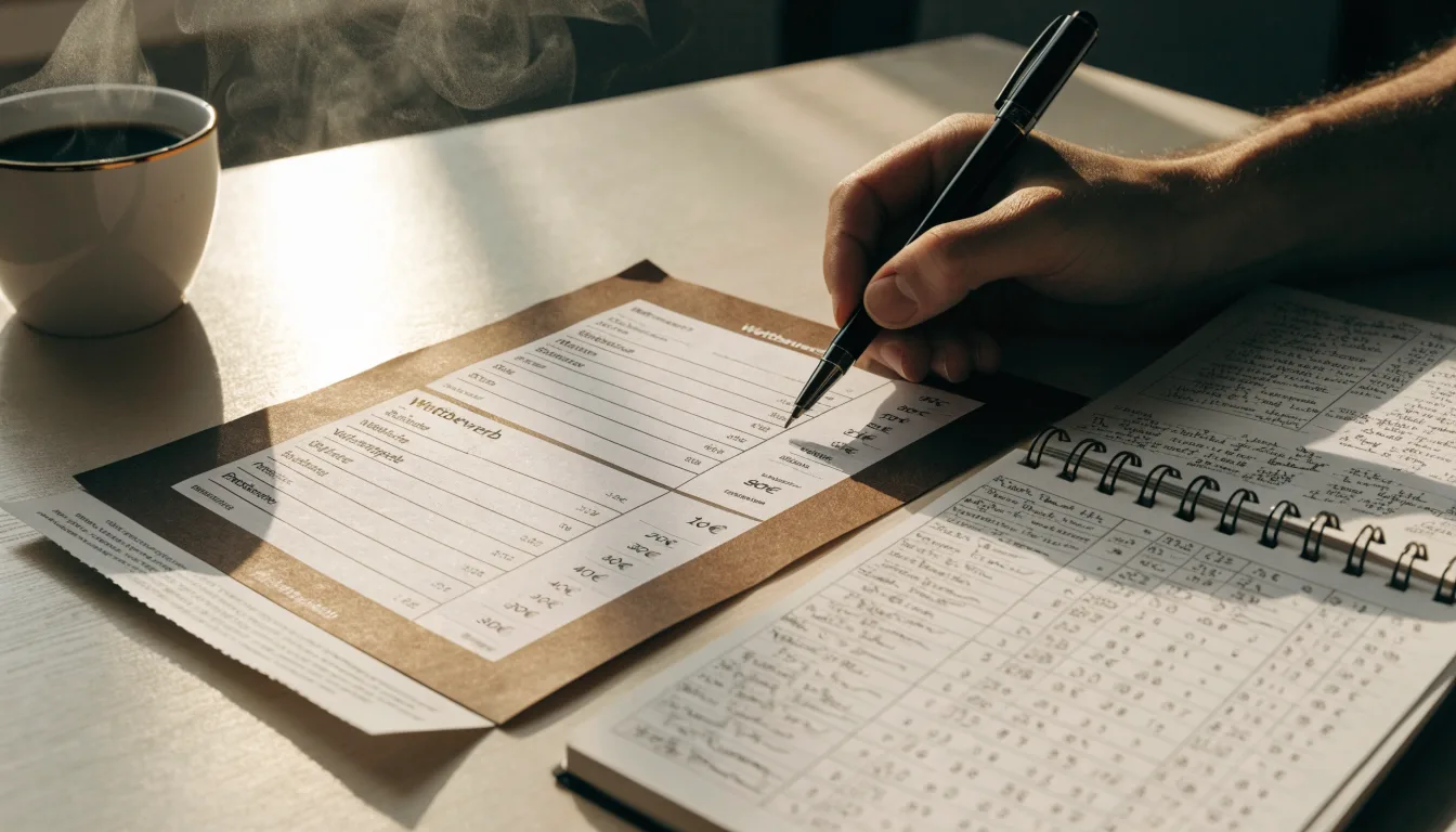 Ein Notizbuch mit handschriftlichen Rechnungen und ein Taschenrechner liegen auf einem Schreibtisch neben einer Tasse Kaffee im Licht des frühen Morgens.