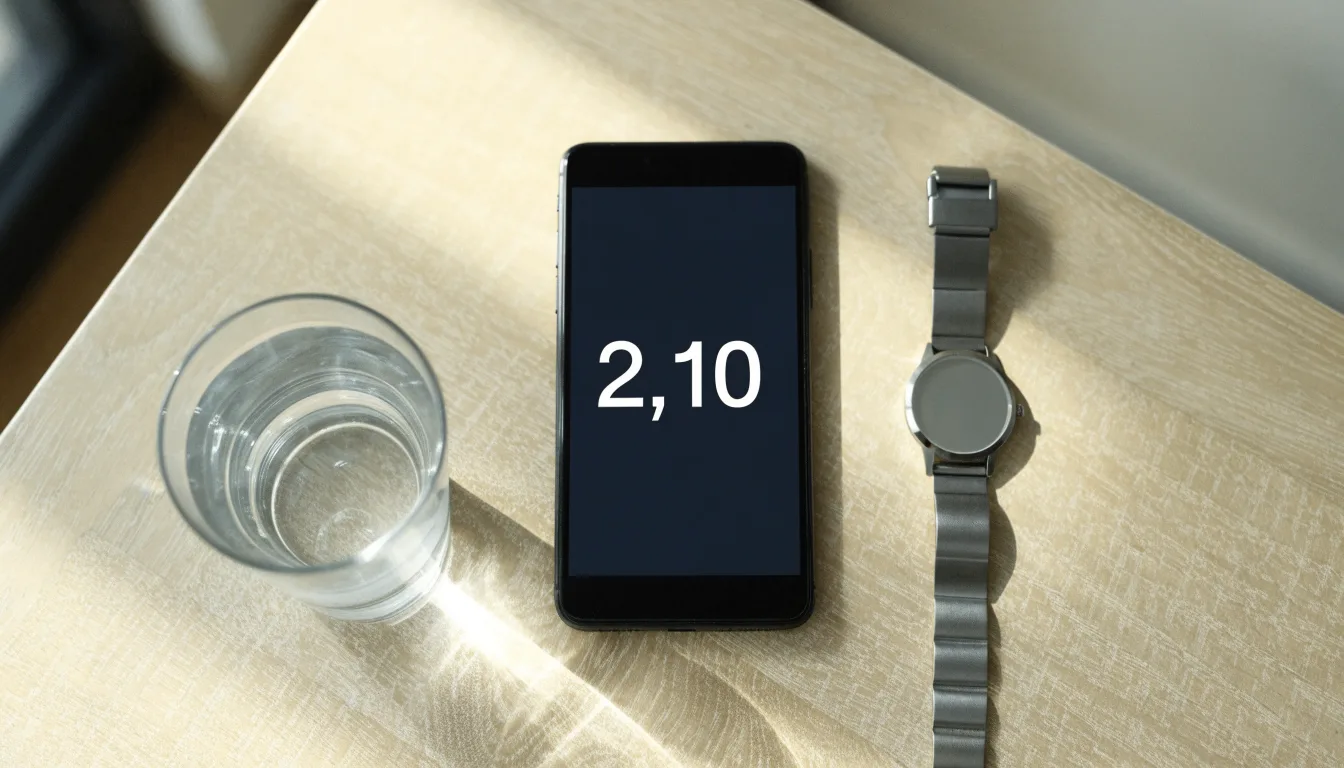 Ein Smartphone liegt mit dem Display nach unten auf einem Küchentisch, daneben stehen ein Glas Wasser und eine Armbanduhr.