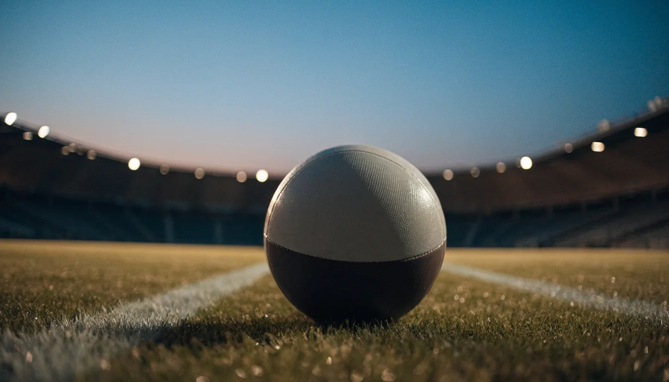 Ein Fußball liegt auf dem Rasen eines leeren Platzes, im Hintergrund ein Stadion unter Flutlicht in der Abenddämmerung.