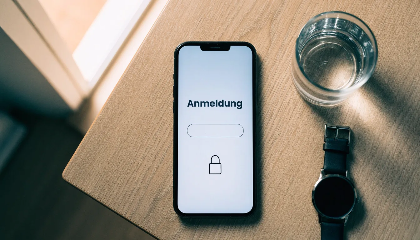 Ein Smartphone liegt mit dem Display nach unten auf einem Küchentisch, daneben stehen ein Glas Wasser und eine Armbanduhr.