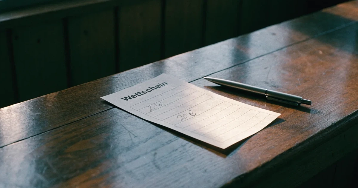 Ein leerer Wettschein aus Papier liegt neben einem Stift auf einer hölzernen Theke, weiches Licht fällt von der Seite ein.