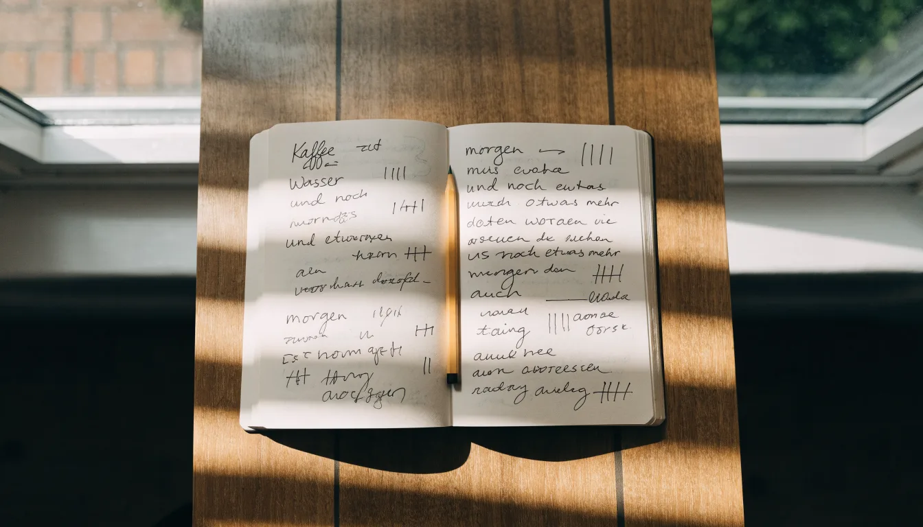 Ein Notizbuch mit handschriftlichen Notizen und ein Bleistift liegen auf einem Schreibtisch am Fenster, draußen fällt Morgenlicht herein.