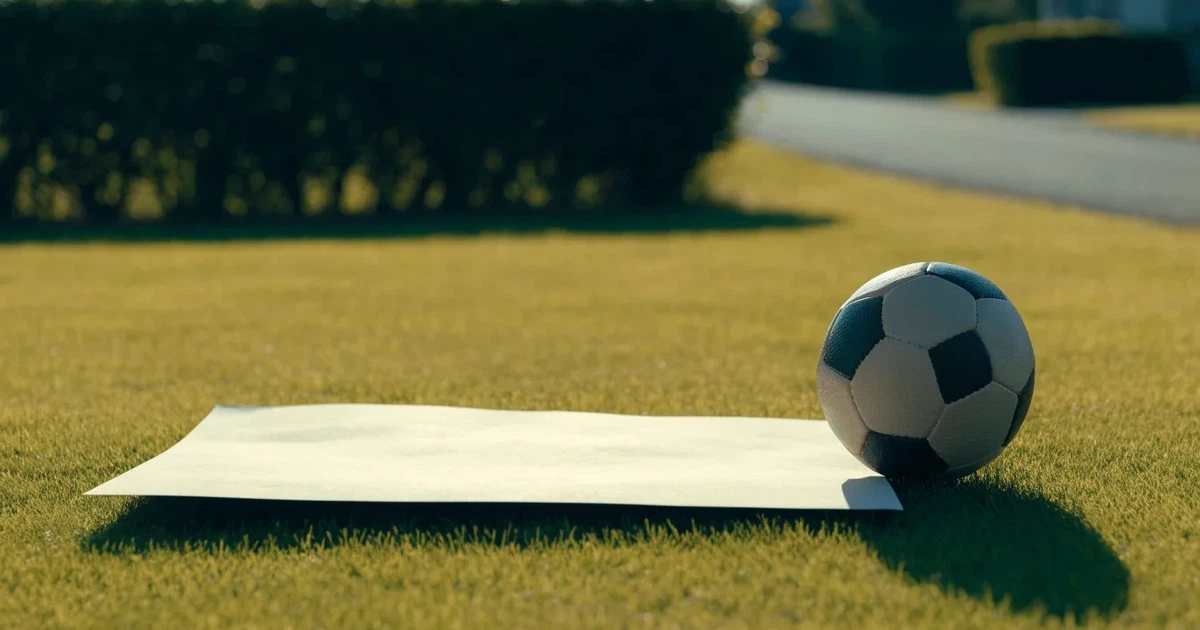Ein verschlossener leerer Briefumschlag liegt neben einem Fußball auf grünem Rasen im warmen Licht des Nachmittags.