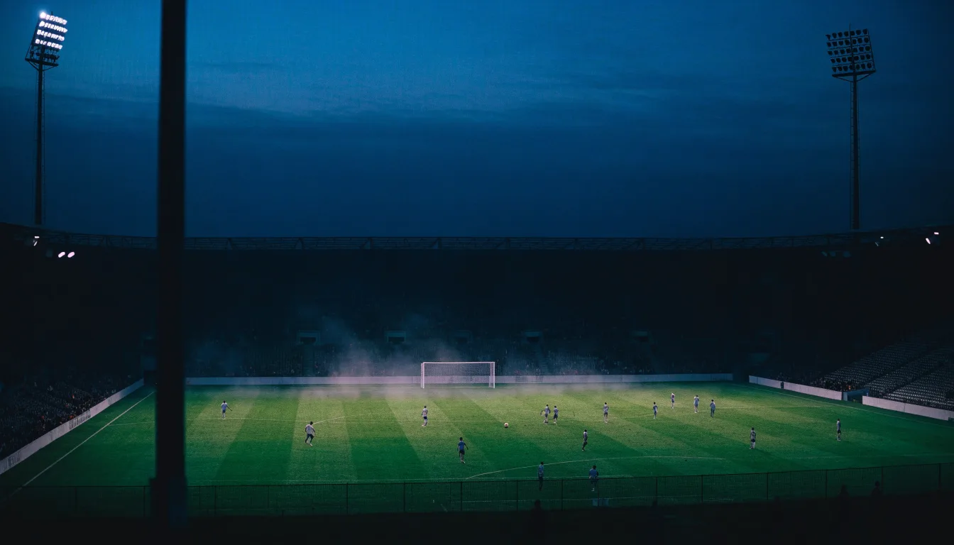 Ein Stadion unter Flutlicht, aus großer Entfernung über eine dunkle Wiese fotografiert, am Himmel zieht Nebel auf.