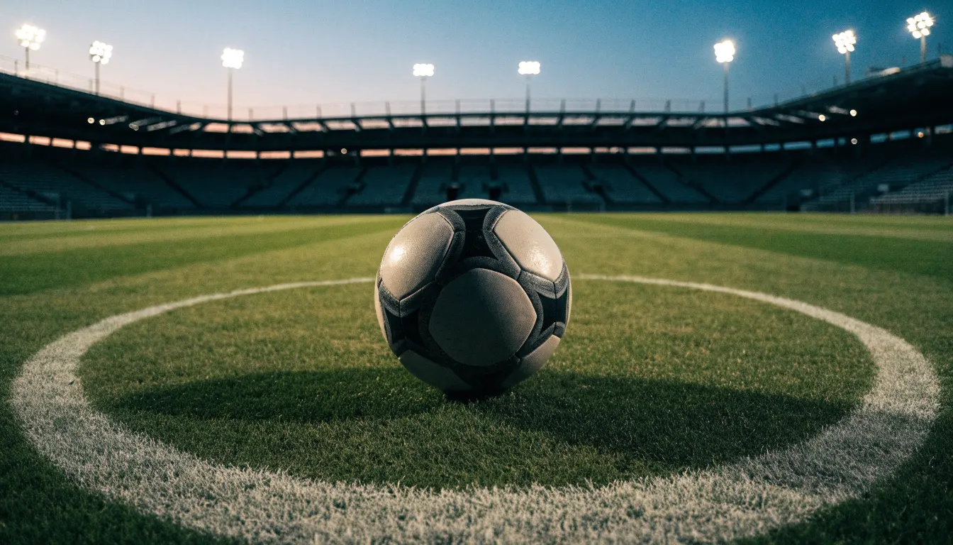 Ein Fußball liegt auf dem Anstoßpunkt eines leeren Rasenplatzes, im Hintergrund steht ein Stadion unter Flutlicht in der Dämmerung.