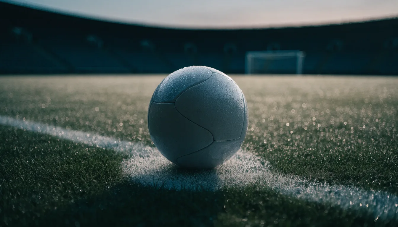 Ein Fußball liegt auf dem Anstoßpunkt eines leeren Rasenplatzes in der Morgendämmerung, im Hintergrund eine leere Tribüne.