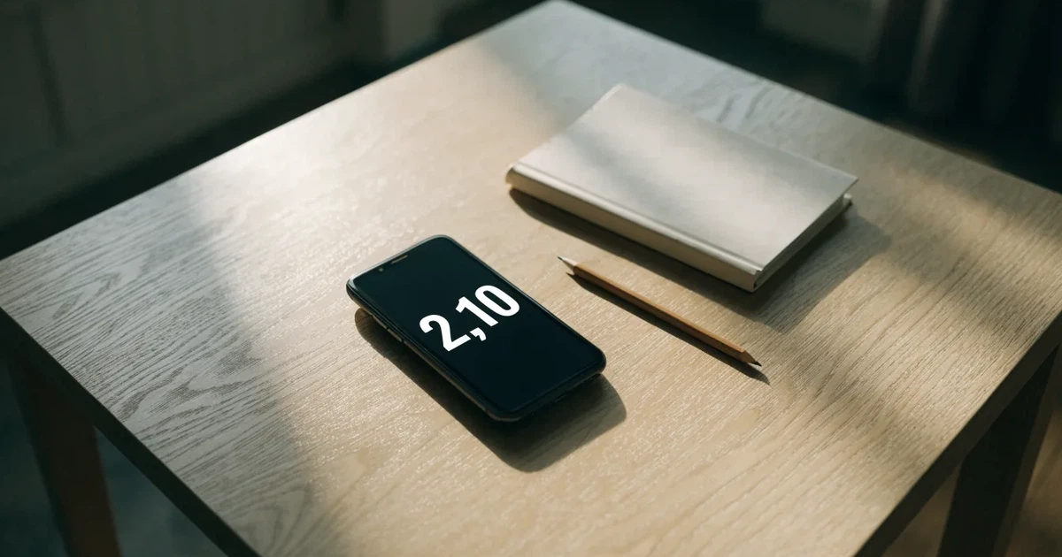 Mehrere Smartphones liegen mit dem Display nach unten neben einem Notizblock und einem Bleistift auf einem hellen Holztisch, seitliches Morgenlicht.