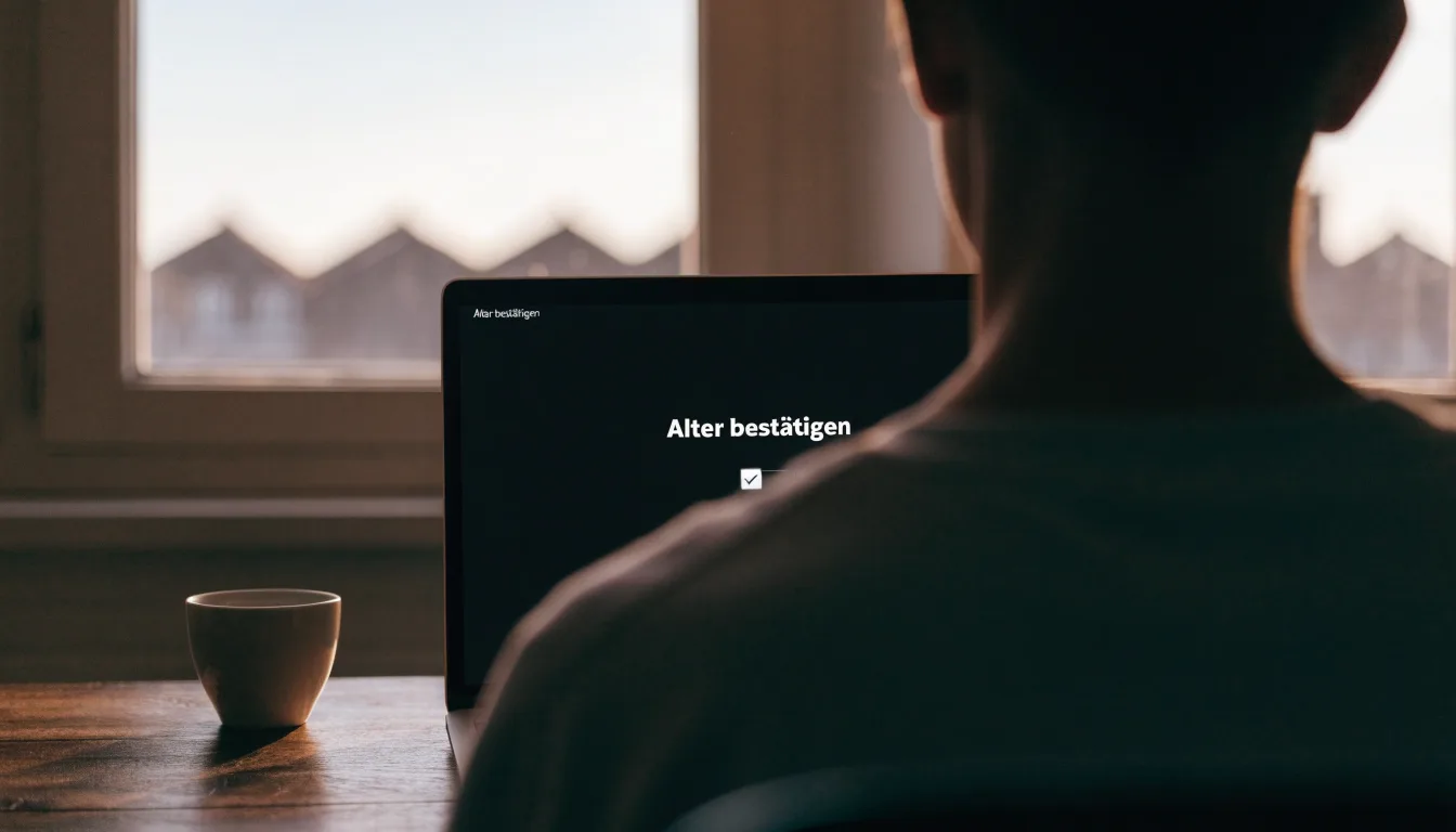 Eine Messingwaage steht auf einem dunklen Holzschreibtisch neben einer Kaffeetasse, im Hintergrund ein Fenster mit Blick auf Dächer.