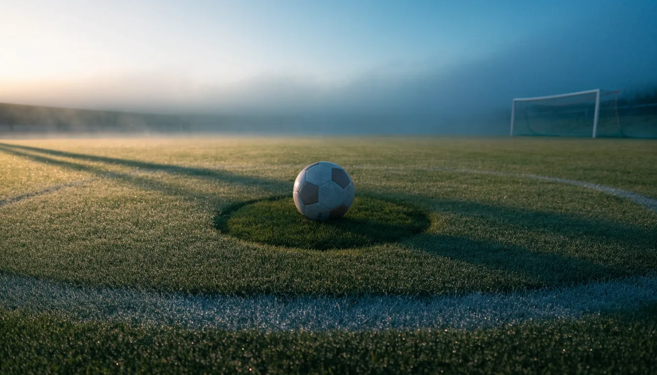 Ein Fußball ruht auf dem Mittelkreis eines leeren Rasenplatzes in der Morgendämmerung, Tau liegt auf dem Gras.