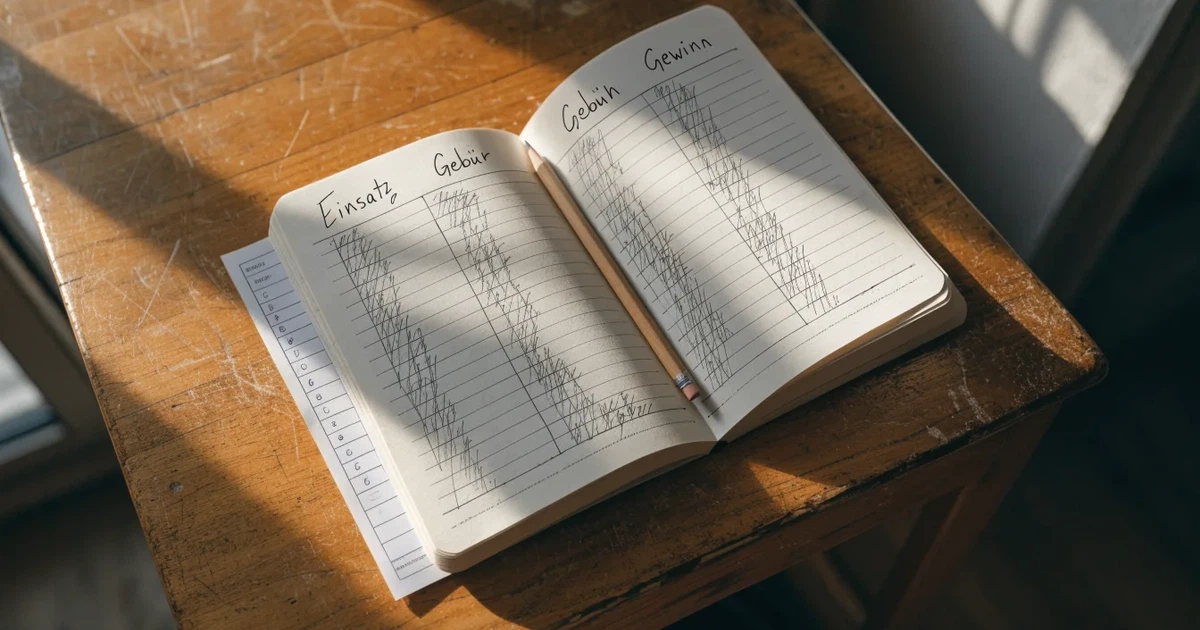 Ein Notizbuch mit handschriftlichen Spalten und Strichlisten liegt neben einem Taschenrechner und einem Bleistift auf einem Schreibtisch.