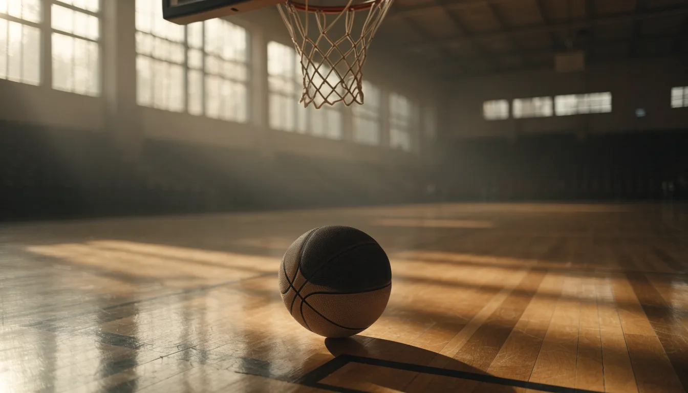 Ein Basketball liegt auf dem Hallenboden unter einem Korb, das Netz hängt ruhig, Morgenlicht fällt durch hohe Fenster.