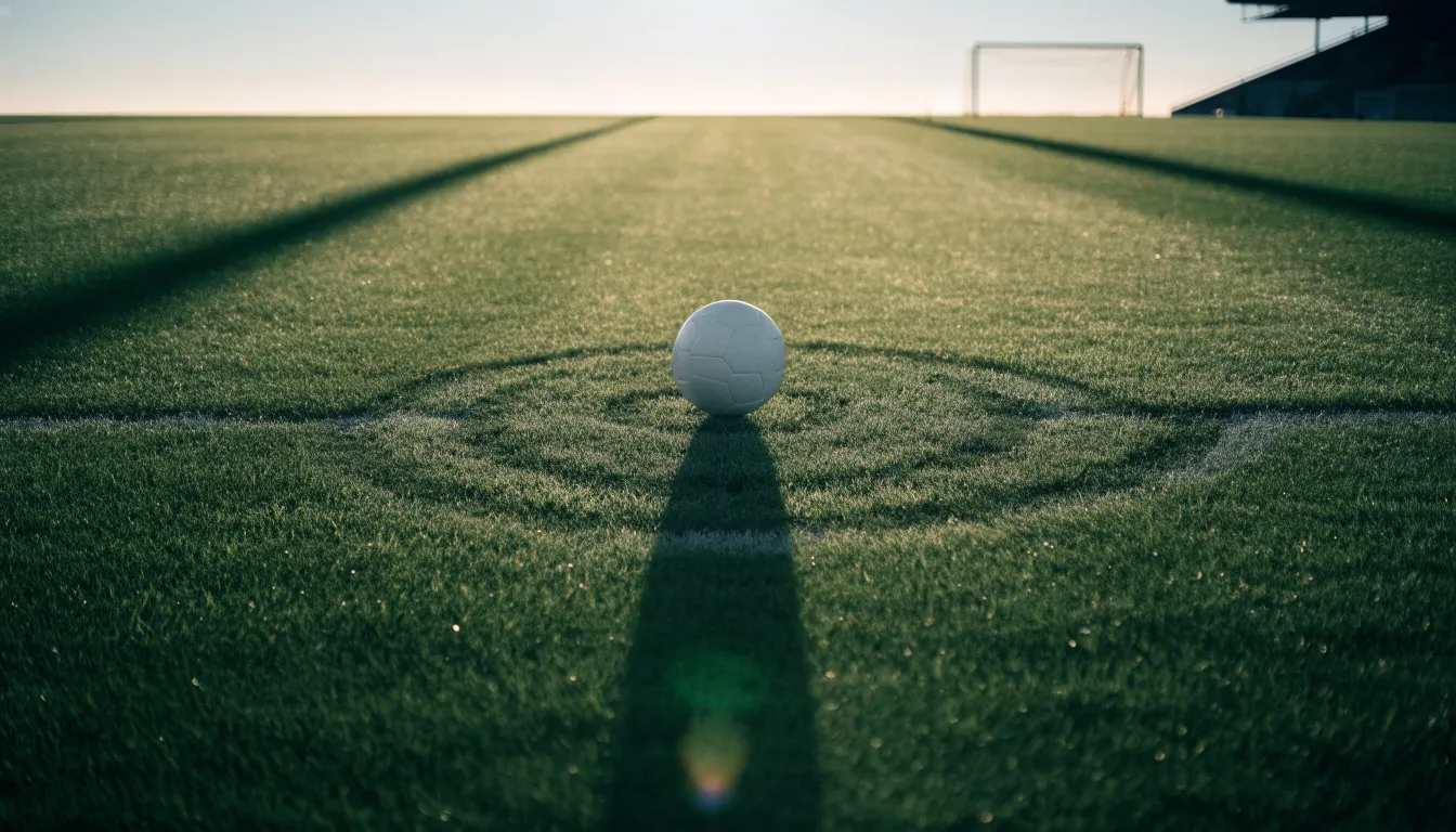 Ein Fußball liegt auf dem Anstoßkreis eines leeren Rasenplatzes im Licht der Morgensonne.