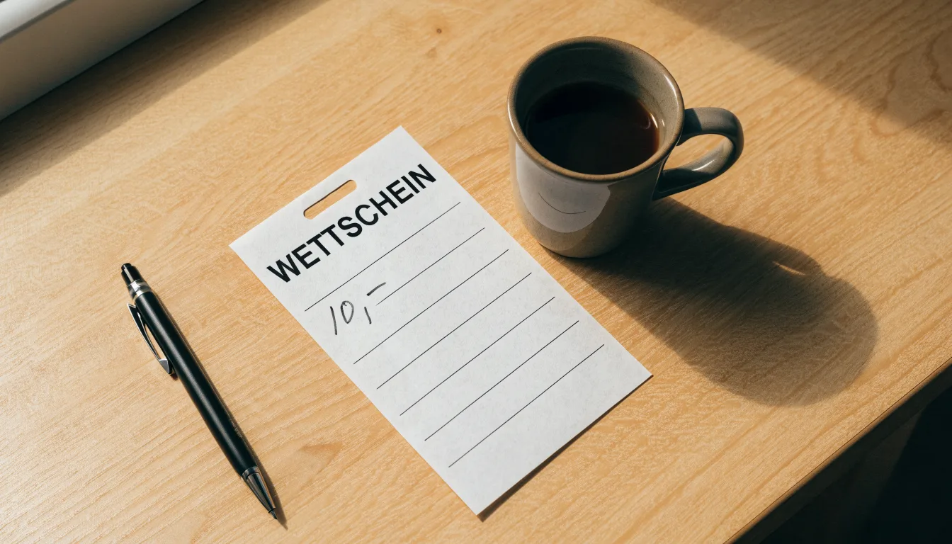 Ein leerer Wettschein aus Papier liegt neben einem Kugelschreiber und einer Tasse auf einem hellen Holztisch.