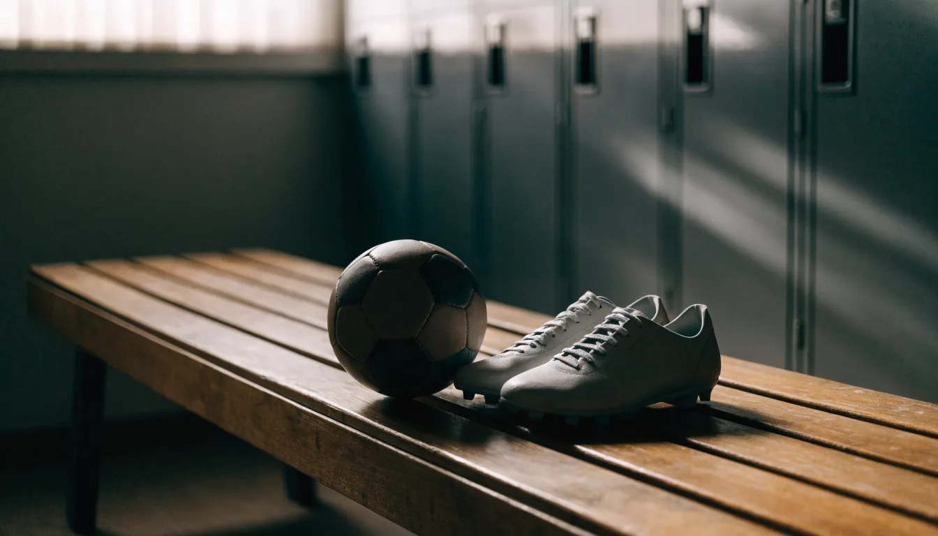 Ein Fußball liegt neben einem Paar Fußballschuhen ohne Markenzeichen auf einer Holzbank in einer leeren Umkleide.