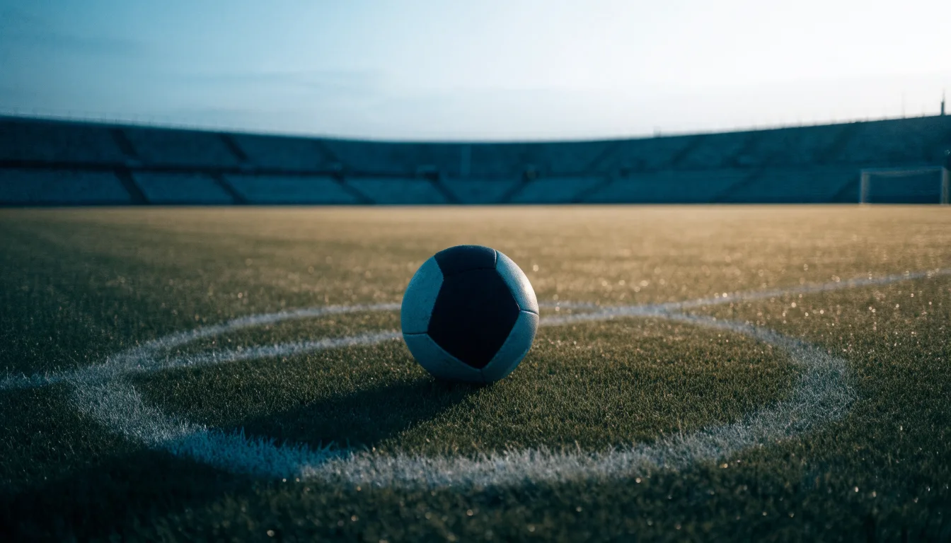 Ein Fußball liegt auf dem Anstoßpunkt eines leeren Rasenplatzes in der Morgendämmerung, im Hintergrund eine leere Tribüne.