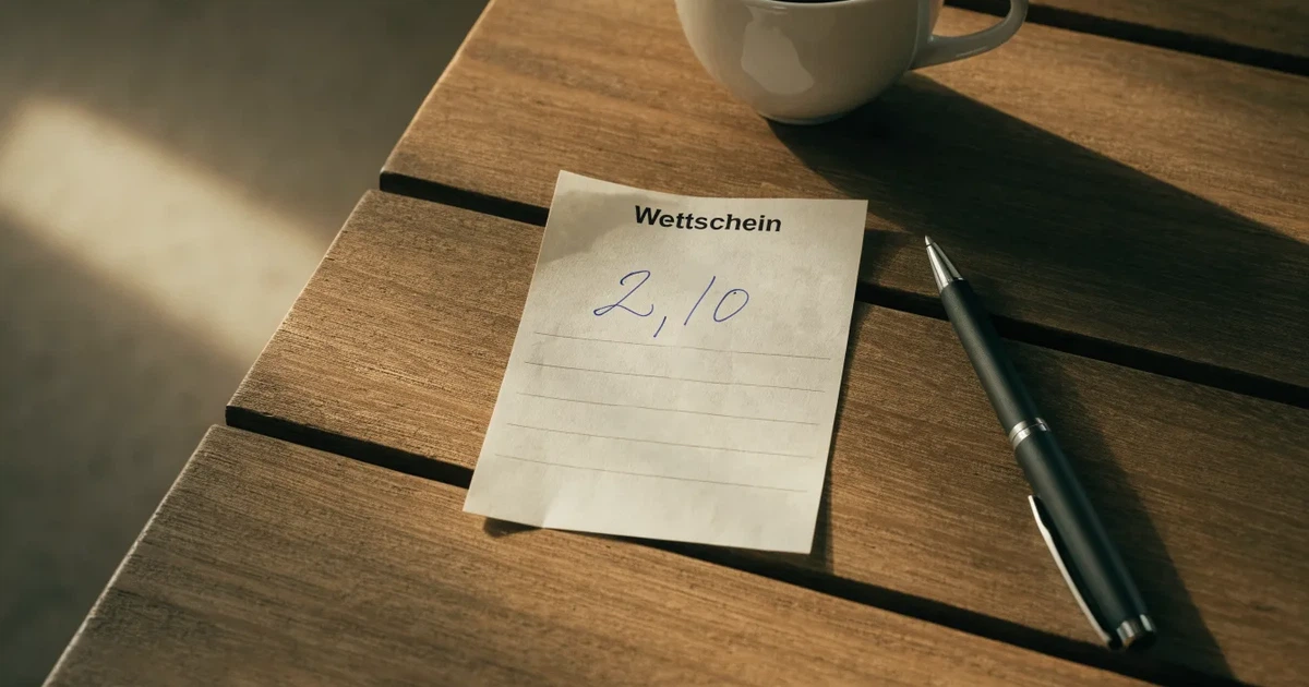Ein leerer Wettschein aus Papier liegt neben einem Kugelschreiber und einer Tasse Kaffee auf einem Tisch, Aufnahme von oben.