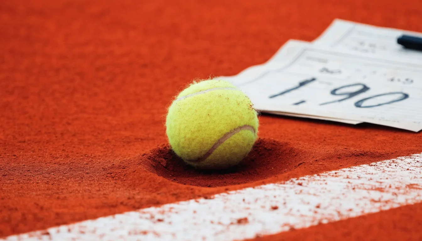 Ein einzelner Tennisball liegt auf rotem Sand neben einer weißen Linie, geringe Schärfentiefe.