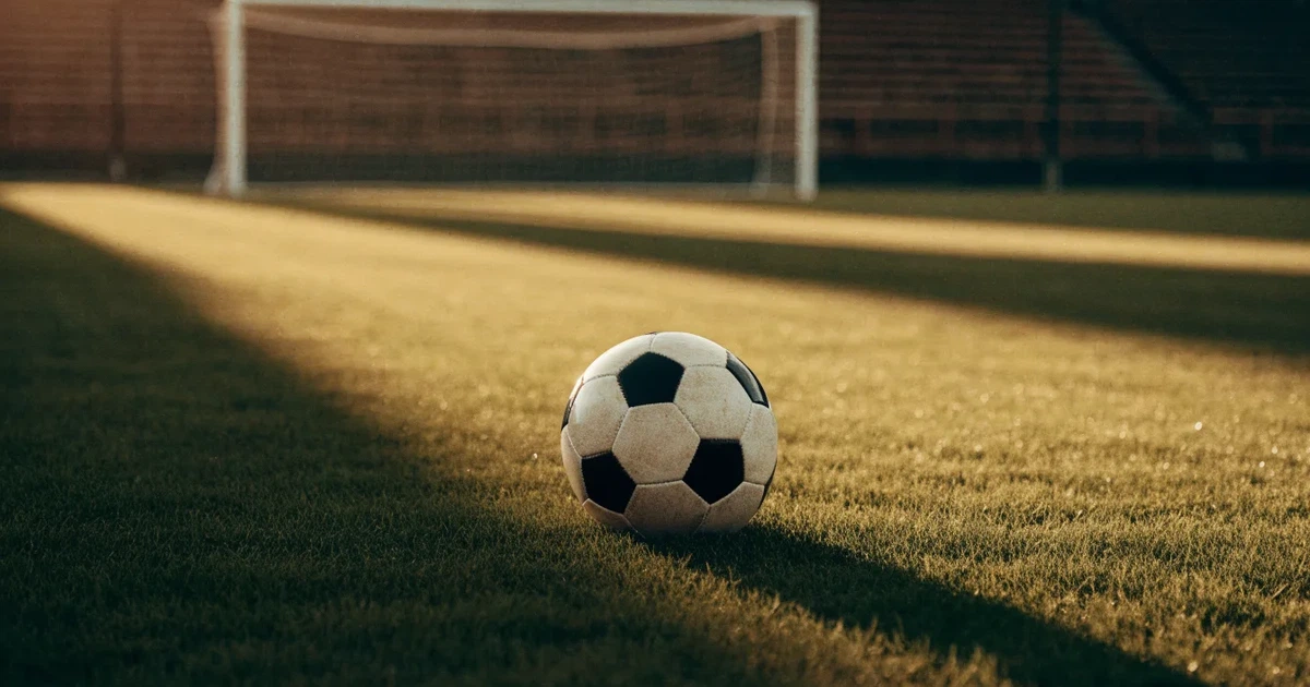 Ein Fußballplatz mit frisch gemähtem Rasen im Abendlicht, ein Ball liegt im Strafraum, im Hintergrund unscharf eine leere Tribüne.