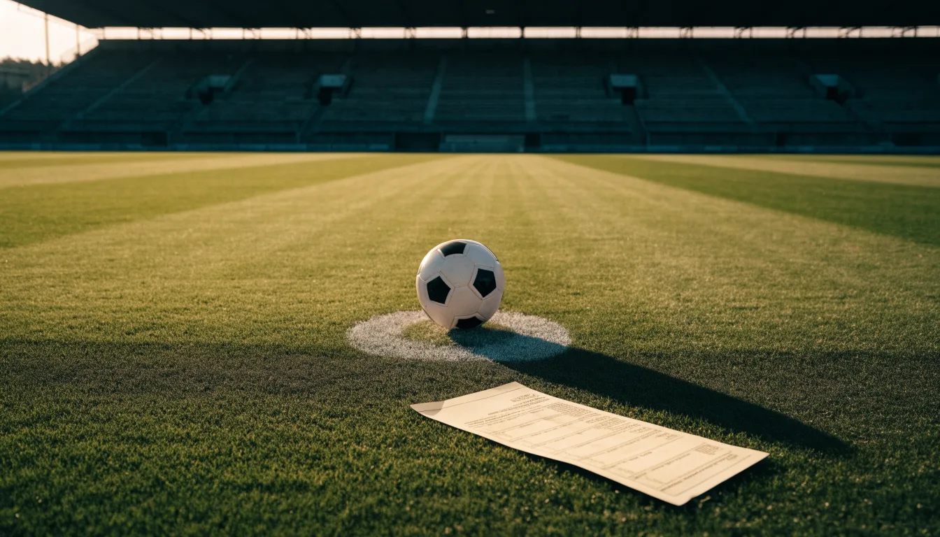 Ein Fußball liegt auf dem Anstoßpunkt eines leeren Rasenplatzes im frühen Morgenlicht, dahinter eine leere Tribüne.