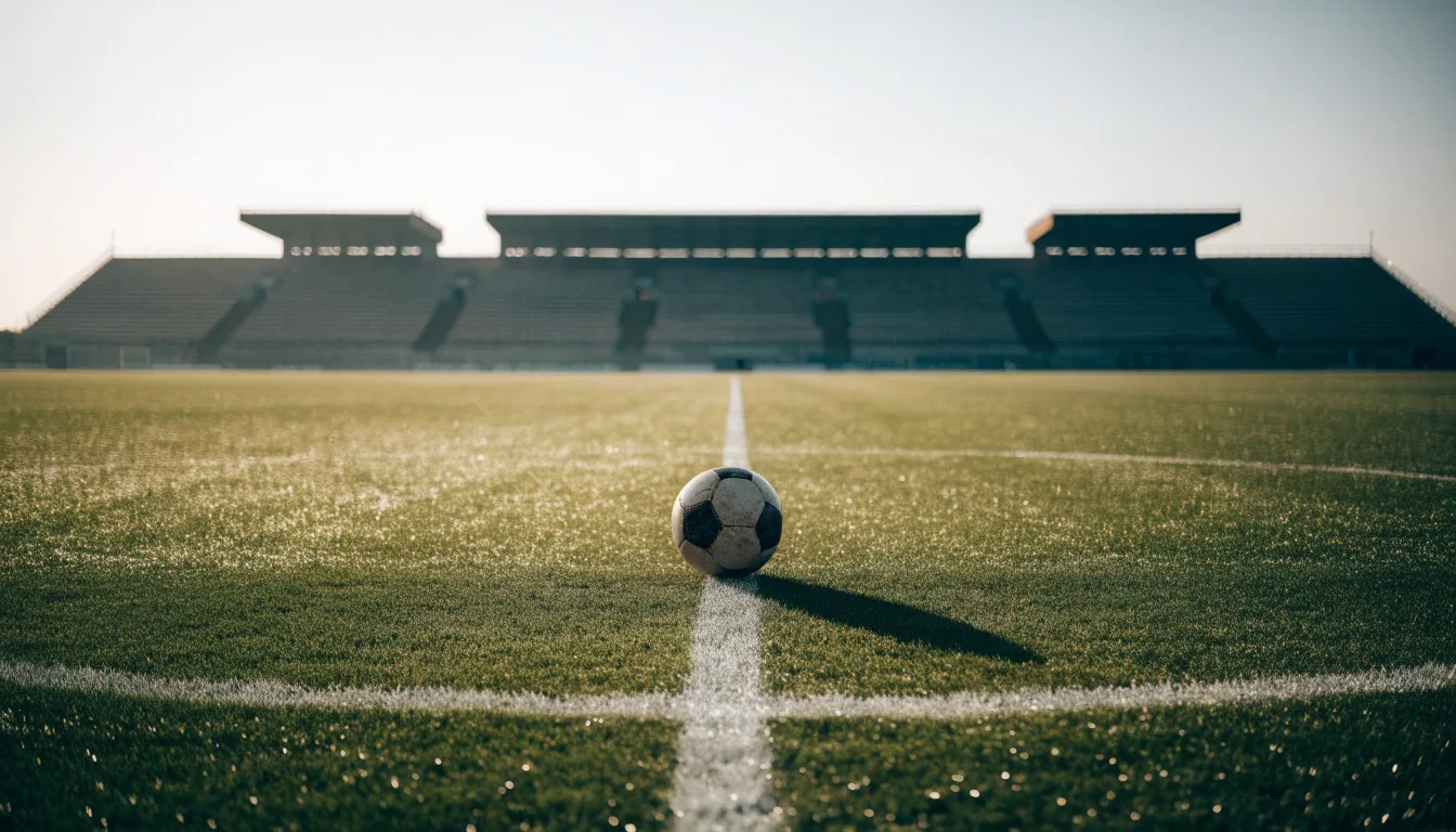 Ein Fußball liegt auf dem Anstoßpunkt eines leeren Rasenplatzes im frühen Morgenlicht, dahinter eine leere Tribüne.