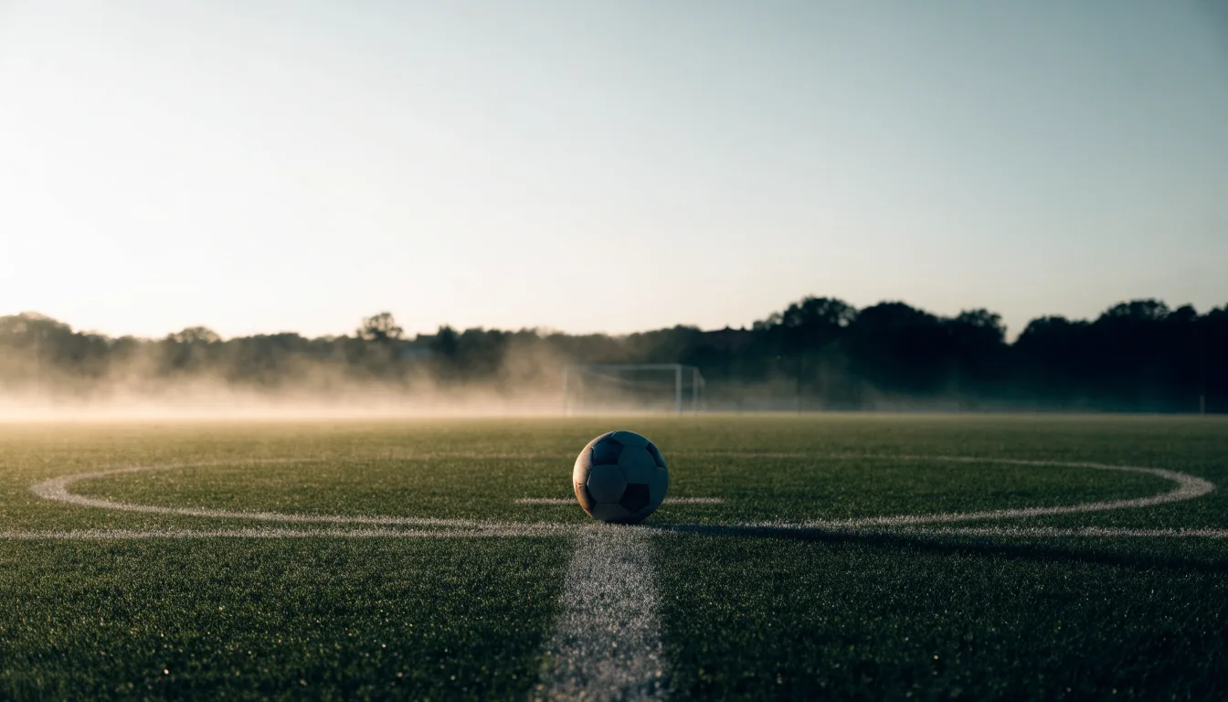 Ein Fußball ruht auf dem Mittelkreis eines leeren Rasenplatzes in der Morgendämmerung, Tau liegt auf dem Gras.