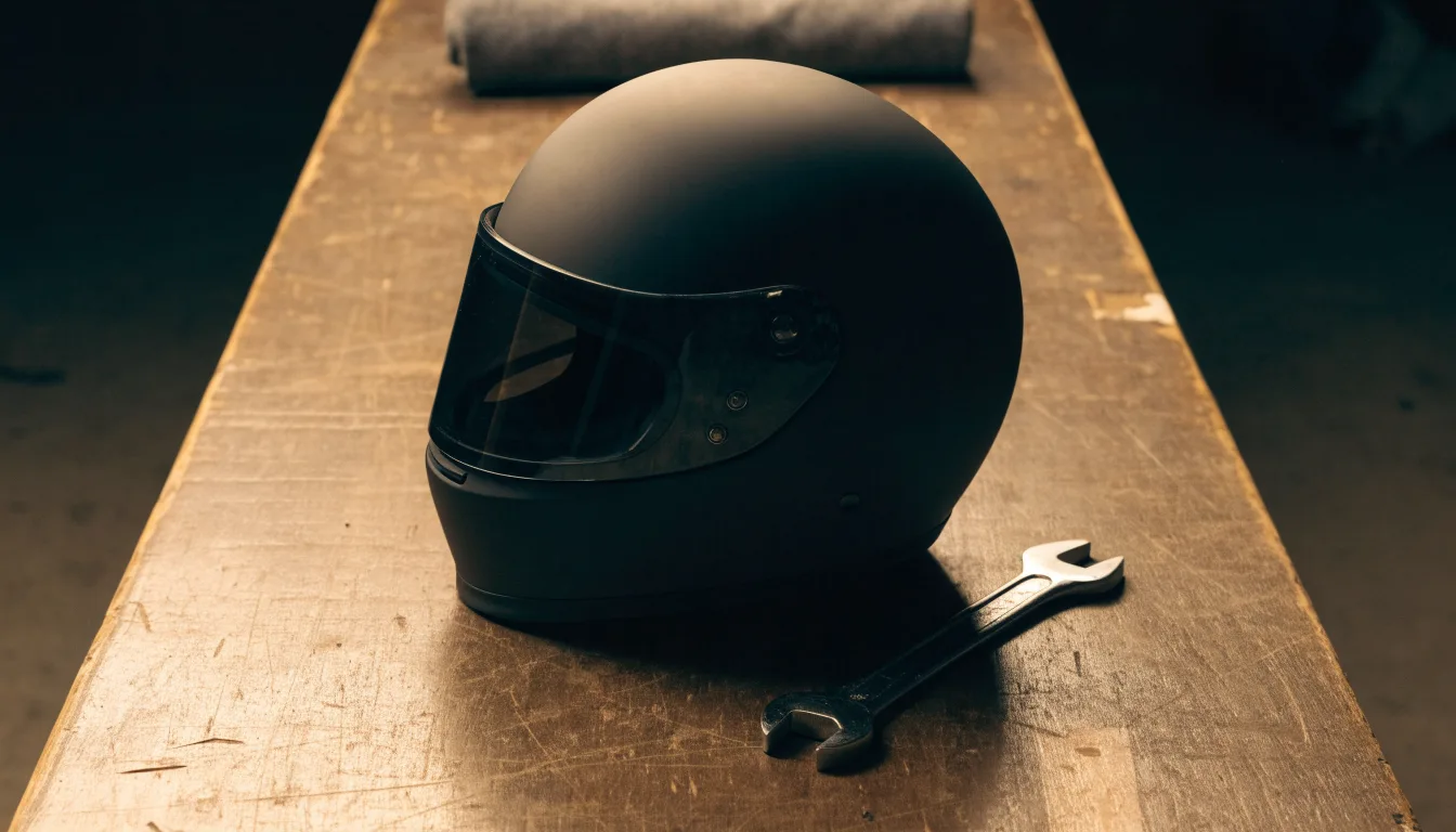 Ein schwarzer Motorradhelm ohne Aufdruck liegt auf einer Werkbank neben einem Schraubenschlüssel, warmes Licht einer Werkstatt.