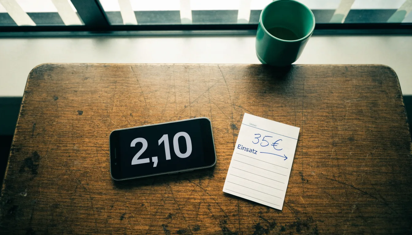 Eine Messingwaage steht auf einem Holzschreibtisch neben einer Kaffeetasse, im Hintergrund ein helles Fenster.
