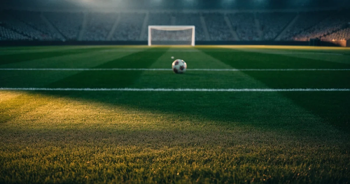 Ein Fußballplatz mit frisch gemähtem Rasen im Abendlicht, ein Ball liegt im Strafraum, im Hintergrund unscharf eine leere Tribüne.