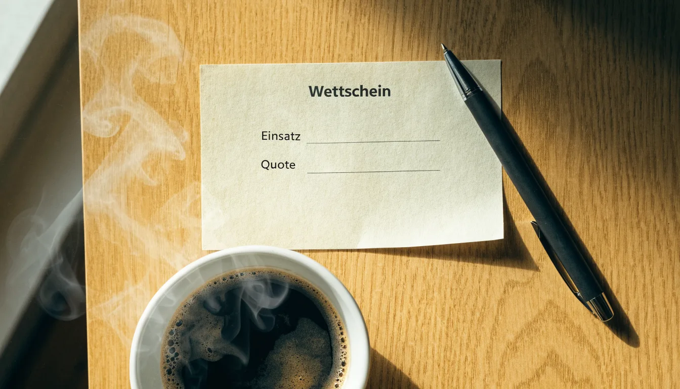 Ein leerer Wettschein aus Papier liegt neben einem Kugelschreiber und einer Tasse Kaffee auf einem Holztisch, Aufnahme von oben.