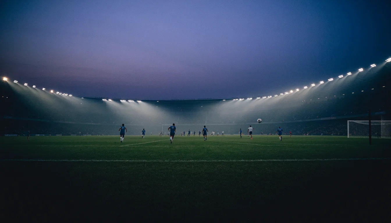 Ein großes Stadion unter Flutlicht, aus der Ferne über eine dunkle Wiese gesehen, die Lichtmasten spiegeln sich im Dunst der Abenddämmerung.