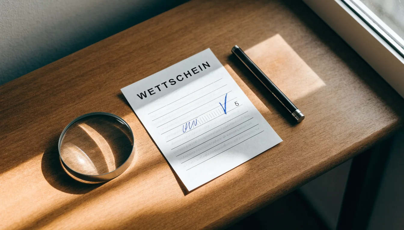Ein leerer Papierwettschein und ein Kugelschreiber liegen auf einem aufgeräumten Schreibtisch neben einer Lupe, weiches Licht von einem Fenster.