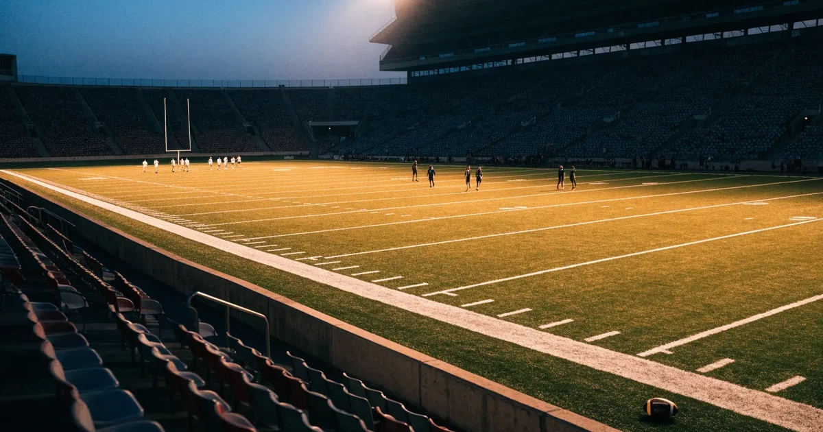 Ein American-Football-Feld mit weißen Yardlinien im Flutlicht, von einer hohen Tribüne aus gesehen, die Ränge leer, Zahlen nicht erkennbar.