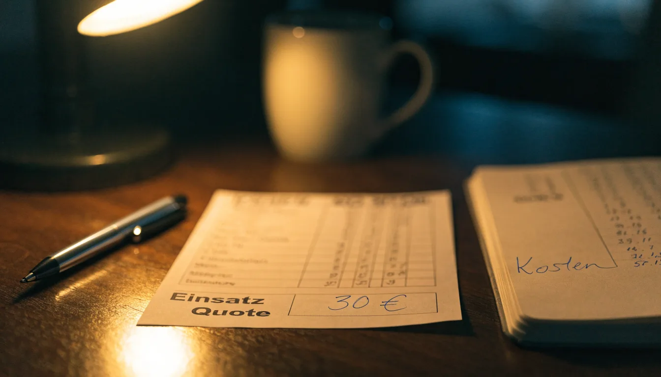 Ein leerer Papierwettschein, ein Kugelschreiber und ein Taschenrechner liegen auf einem Holztisch, warmes Licht einer Schreibtischlampe.