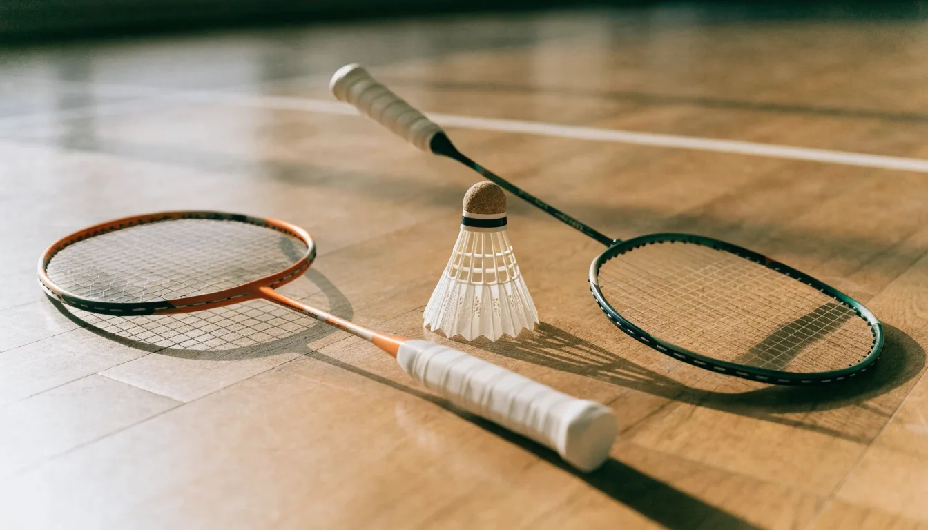 Zwei Badmintonschläger und ein Federball liegen auf einem Holzboden neben der Seitenlinie, weiches Licht fällt von der Seite ein.