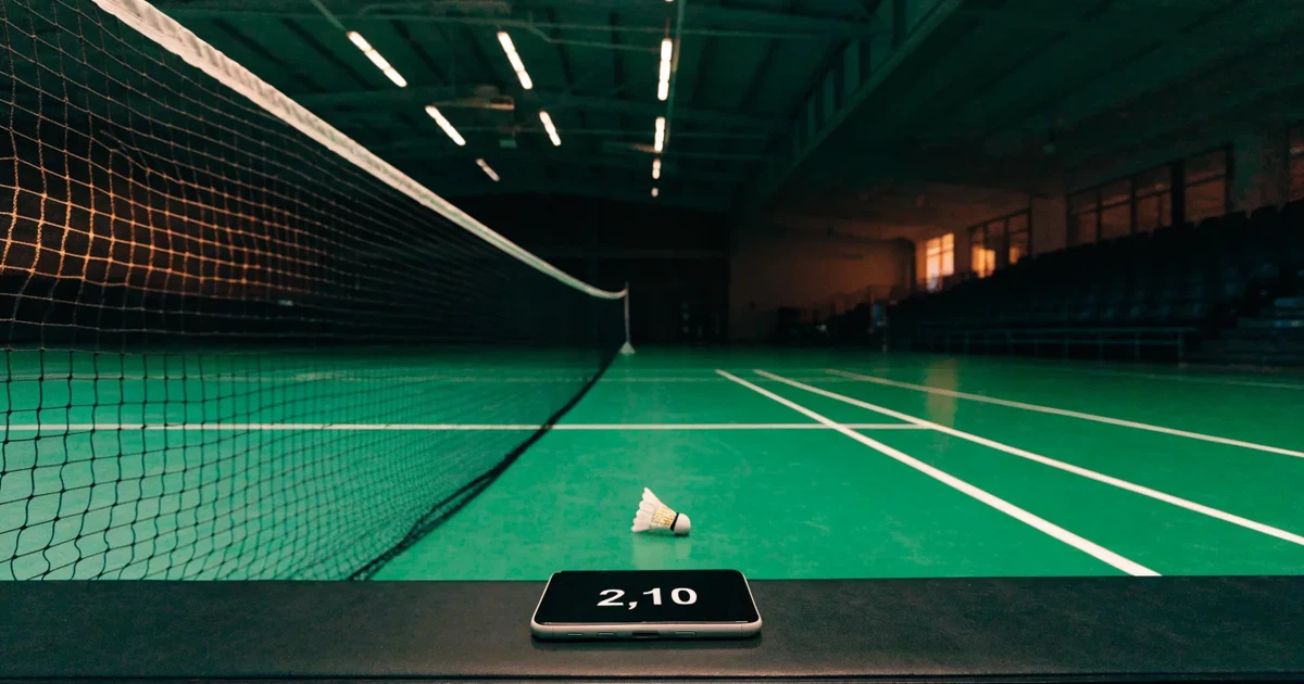 Eine leere Badmintonhalle mit gespanntem Netz und hellen Hallenlichtern, ein Federball liegt auf dem Hallenboden.