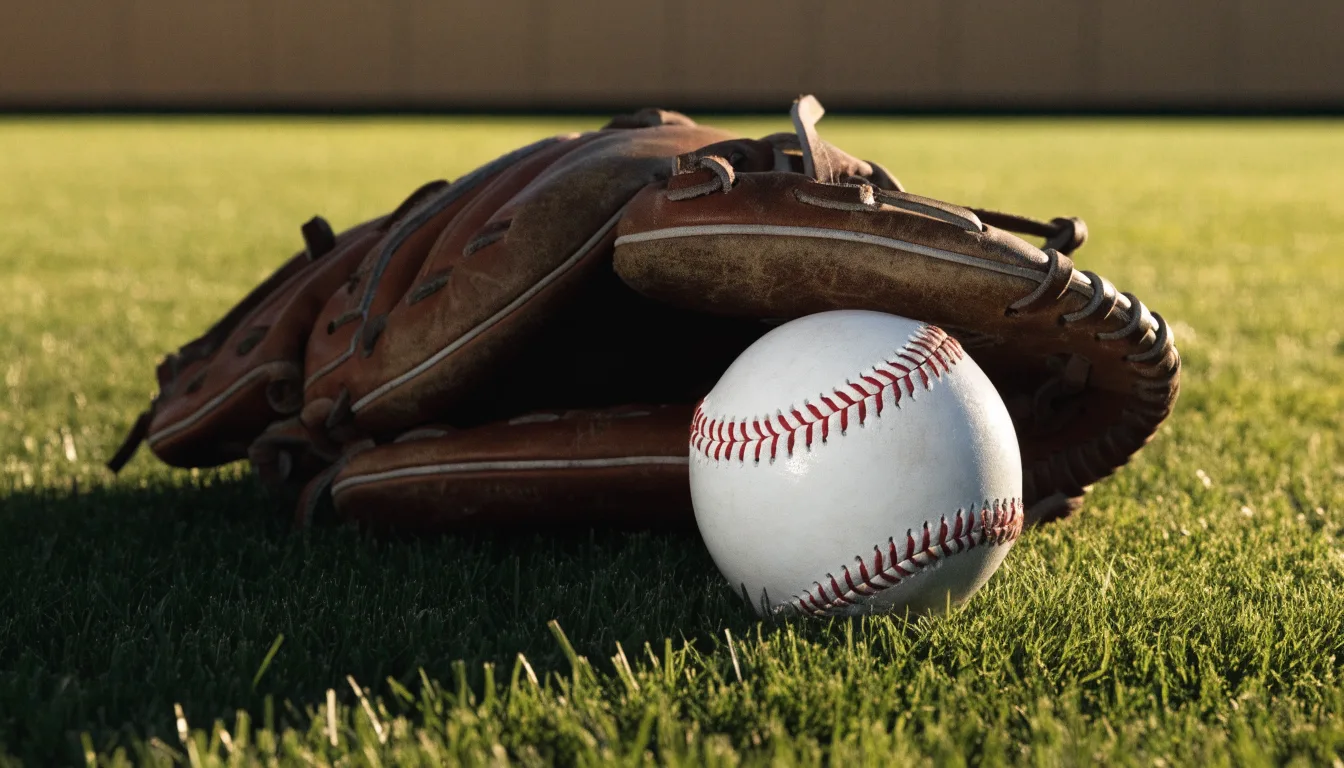 Ein weißer Baseball und ein Lederhandschuh liegen auf kurz geschnittenem Gras, im Hintergrund eine verschwommene Spielfeldbande.