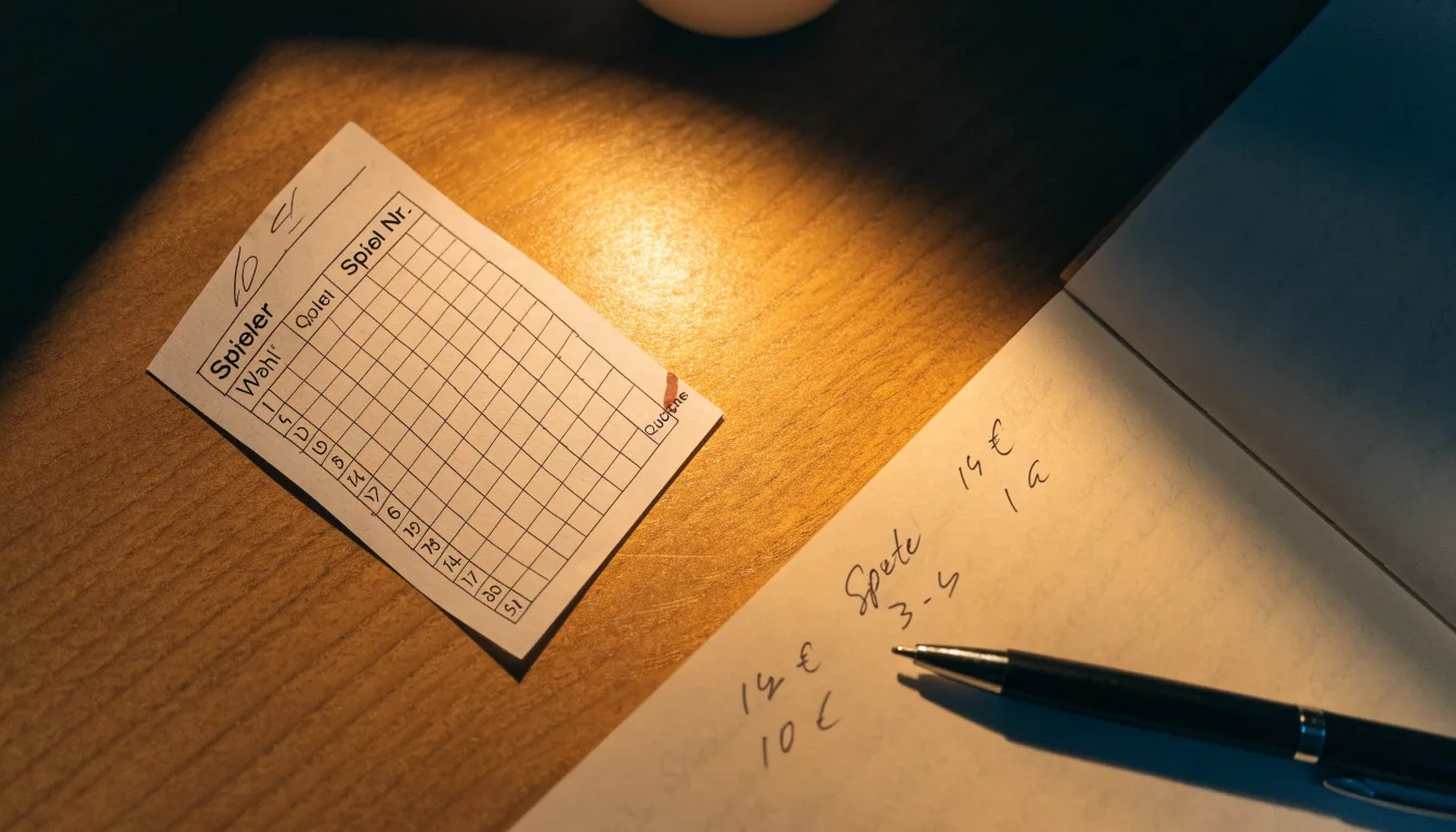 Ein leerer Papierwettschein, ein Kugelschreiber und ein Taschenrechner liegen auf einem Holztisch, warmes Licht einer Schreibtischlampe.