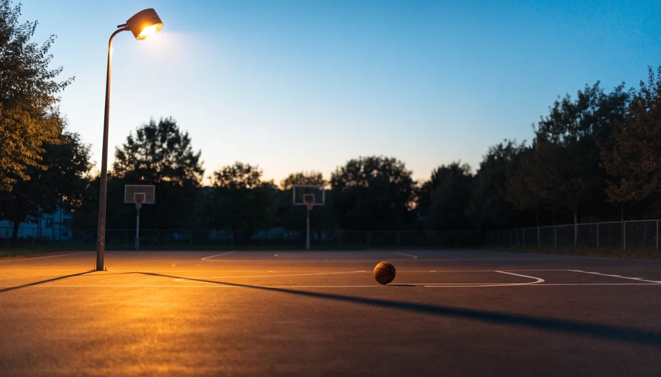 Ein Freiluft-Basketballplatz am Abend mit Asphalt, Linien und zwei Körben unter einer Straßenlaterne.