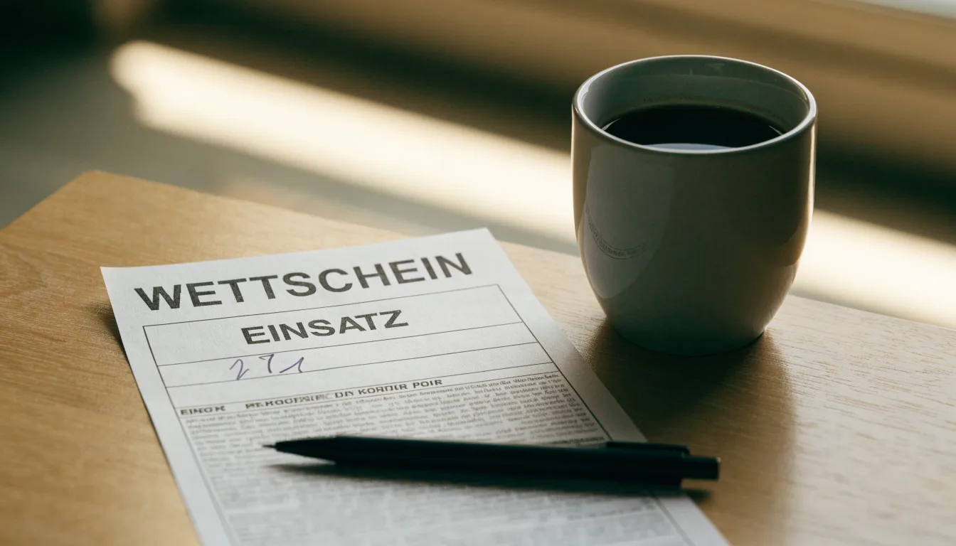 Ein leerer Wettschein aus Papier liegt neben einem Kugelschreiber und einer Tasse auf einem hellen Holztisch.