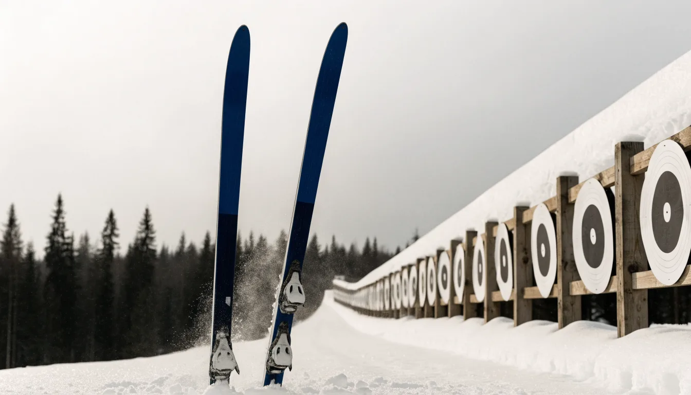 Ein Paar Langlaufskier steckt aufrecht im Schnee neben einem leeren Schießstand mit runden Zielscheiben, kaltes Winterlicht.
